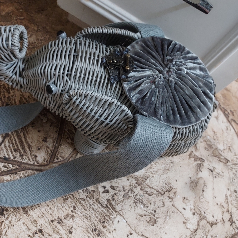 One Of A Kind Grey Wicker And Velvet Elephant Purse